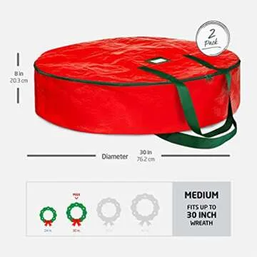 ZOBER Christmas Wreath Storage Container - 30 Inch, Waterproof Plastic Wreath Storage Bag - Dual Zippered Wreath Bag - Durable Stitch Reinforced Handles - Wreath Christmas Storage - 2 Pack