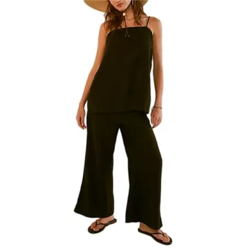 PAODIKUAI Women's 2 Piece Outfits Summer Sets Sleeveless Square Neck Tank Top Wide Leg Pants Matchin...