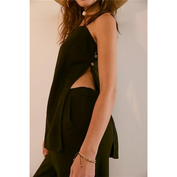 PAODIKUAI Women's 2 Piece Outfits Summer Sets Sleeveless Square Neck Tank Top Wide Leg Pants Matching Lounge Set(Black,M)