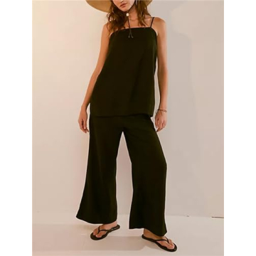 PAODIKUAI Women's 2 Piece Outfits Summer Sets Sleeveless Square Neck Tank Top Wide Leg Pants Matching Lounge Set(Black,M)