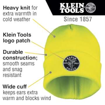 Klein Tools 60568 Heavy Knit Hat with Wide Cuff, Yellow, One Size Fits Most, Vintage Patch Logo