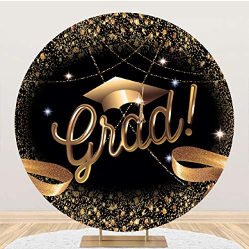 DASHAN 7.2ft Grad Round Backdrop Cover Graduation Bachelor Hat Sequins Gold Black Polyester Photogra...
