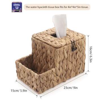 Water Hyacinth Tissue Box Cover Square, Boho Decorative Rattan Tissue Box Holder, Nightstand Organizer, Bedside Organizer, Remote Holder for Bed by YANGQIHOME, 9.00 x 5.90 x 6.30 inches