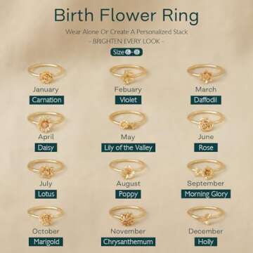 GNIRTSI Gold Birth Flower Ring for Women Daffodil Bloom Month March 14K Gold Plated Minimalist Stack Thin Band Finger Floral Jewelry Size 6