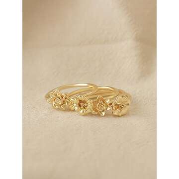 GNIRTSI Gold Birth Flower Ring for Women Daffodil Bloom Month March 14K Gold Plated Minimalist Stack Thin Band Finger Floral Jewelry Size 6