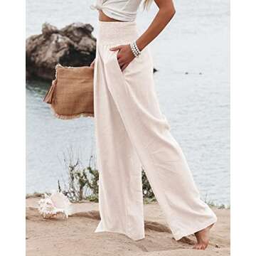 Women Linen Pants Elastic High Waist Wide Leg Palazzo Lounge Pants Casual Loose Beach Pants with Pockets (M, White)