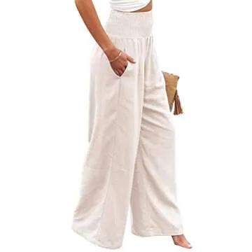 Women Linen Pants Elastic High Waist Wide Leg Palazzo Lounge Pants Casual Loose Beach Pants with Pockets (M, White)