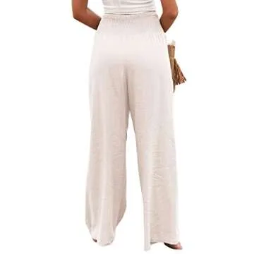 Women Linen Pants Elastic High Waist Wide Leg Palazzo Lounge Pants Casual Loose Beach Pants with Pockets (M, White)