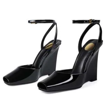 CAGLGLZ Peep Toe Wedges Sandals - Stylish Square Open Toe Buckle Ankle Strap