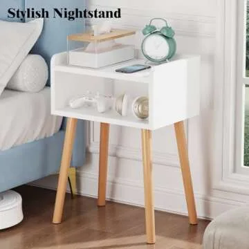 LUCKNOCK Night Stand, Modern Bedside Tables, Mid Century Nightstands with Open Storage Shelf, Wood Bedside Table, Small Night Stands for Bedroom, High Night Table, White.