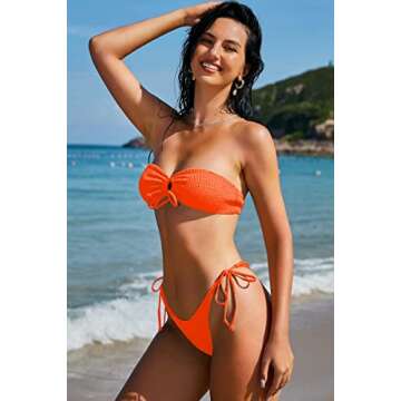 ZAFUL O Ring Bandeau Bikini Sets for Women Sexy Strapless Swimsuits 2 Piece High Cut Bathing Suit Side Tie Orange S