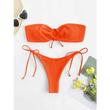 ZAFUL O Ring Bandeau Bikini Sets for Women Sexy Strapless Swimsuits 2 Piece High Cut Bathing Suit Side Tie Orange S