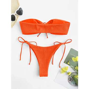 ZAFUL O Ring Bandeau Bikini Sets for Women Sexy Strapless Swimsuits 2 Piece High Cut Bathing Suit Side Tie Orange S