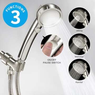 KAIYING Brushed Nickel High Pressure Handheld Shower Head with ON/OFF Switch, 3 Spray Modes, Adjusta...