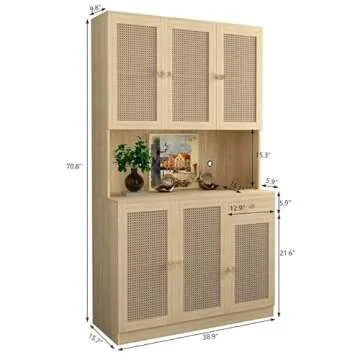 Stylish Affeivul Rattan Freestanding Kitchen Pantry Cabinet, 71” Buffets with Hutch, Farmhouse Sto...