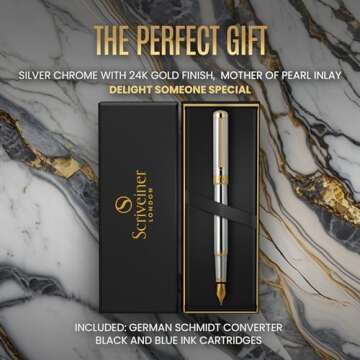 Scriveiner Silver Chrome Fountain Pen - Stunning Luxury Pen with 24K Gold Finish, Schmidt 18K Gilded Nib (Medium), Best Pen Gift Set for Men & Women, Professional, Executive Office, Nice Designer Pens