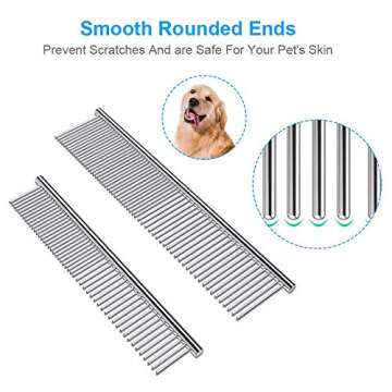 Cafhelp 2 Pack Dog Combs with Rounded Ends Stainless Steel Teeth, Cat Comb for Removing Tangles and ...