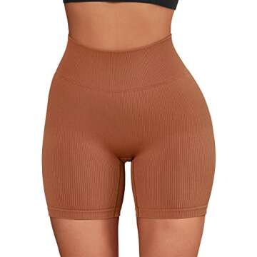 SUUKSESS Women Ribbed Biker Shorts Seamless High Waisted Workout Short Leggings (Brown, M)