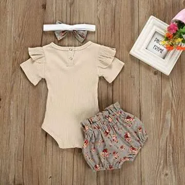 KANGKANG Baby Girl Clothes 0-3 Months Beige Romper Floral Short Pant Shorts Sets Infant Girl Summer Outfits 3PC