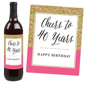 Chic 40th Birthday - Pink, Black and Gold - Birthday Gift For Women - Wine Bottle Label Stickers - Set of 4