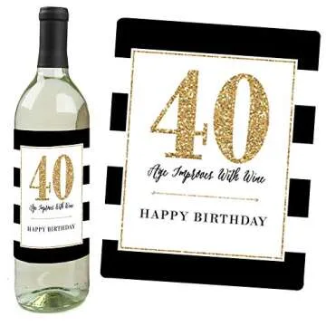 Chic 40th Birthday - Pink, Black and Gold - Birthday Gift For Women - Wine Bottle Label Stickers - Set of 4