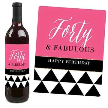 Chic 40th Birthday - Pink, Black and Gold - Birthday Gift For Women - Wine Bottle Label Stickers - Set of 4