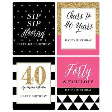 Chic 40th Birthday - Pink, Black and Gold - Birthday Gift For Women - Wine Bottle Label Stickers - Set of 4