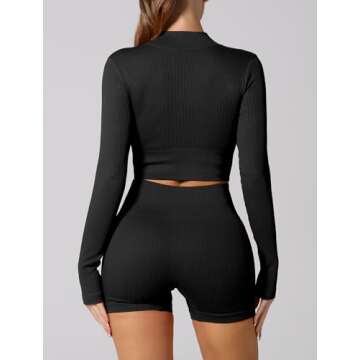 ABOCIW Workout Sets for Women 2 Piece Seamless Long Sleeve Zip Crop Tops Ribbed High Waist Biker Sho...