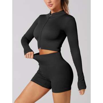 ABOCIW Workout Sets for Women 2 Piece Seamless Long Sleeve Zip Crop Tops Ribbed High Waist Biker Shorts Gym Yoga Exercise Outfits Tracksuit Black Medium