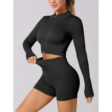 ABOCIW Workout Sets for Women 2 Piece Seamless Long Sleeve Zip Crop Tops Ribbed High Waist Biker Shorts Gym Yoga Exercise Outfits Tracksuit Black Medium