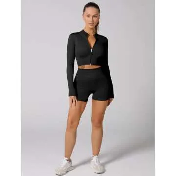 ABOCIW Workout Sets for Women 2 Piece Seamless Long Sleeve Zip Crop Tops Ribbed High Waist Biker Shorts Gym Yoga Exercise Outfits Tracksuit Black Medium