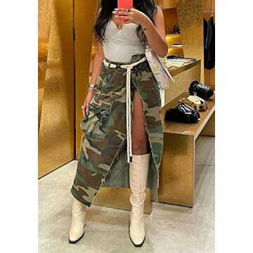 Symina Camo Skirt Women Cargo High Split Camouflage High Waist Button Down Jeans Skirts