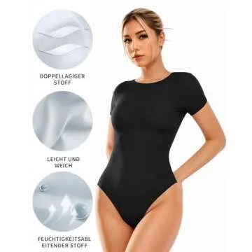ALGALAROUND Double Lined Short Sleeve Bodysuit for Women Basic T Shirts Body Suits Black M