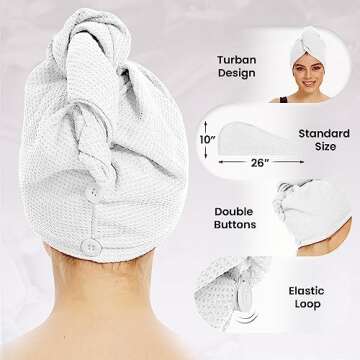 SimpleField Microfiber Hair Towel Wrap for Women - White - 350 gsm - Absorbent & Gentle Quick Drying - Reduce Frizz and Hair Damage