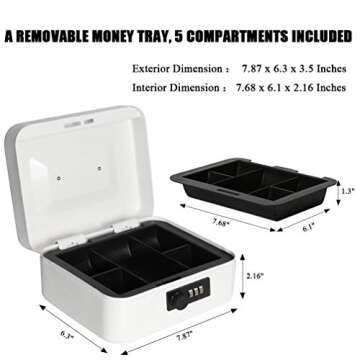 Jssmst Medium Cash Box with Combination Lock - Durable Metal Cash Box with Money Tray White,7.87 x 6.3 x 3.35 inches, SM-CB07005M