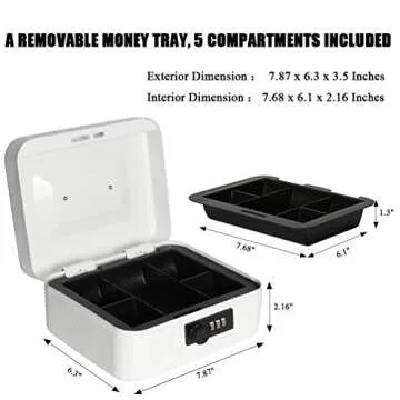 Jssmst Medium Cash Box with Combination Lock - Durable Metal Cash Box with Money Tray White,7.87 x 6.3 x 3.35 inches, SM-CB07005M