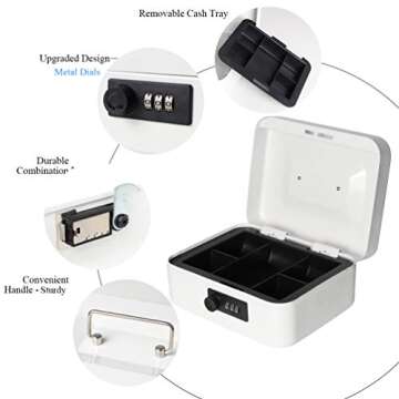 Jssmst Medium Cash Box with Combination Lock - Durable Metal Cash Box with Money Tray White,7.87 x 6.3 x 3.35 inches, SM-CB07005M