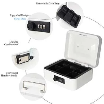 Jssmst Medium Cash Box with Combination Lock - Durable Metal Cash Box with Money Tray White,7.87 x 6.3 x 3.35 inches, SM-CB07005M