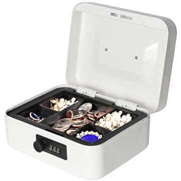 Jssmst Medium Cash Box with Combination Lock - Durable Metal Cash Box with Money Tray White,7.87 x 6.3 x 3.35 inches, SM-CB07005M