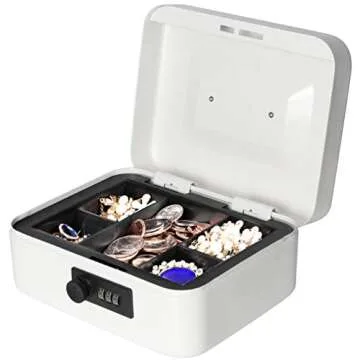 Jssmst Medium Cash Box with Combination Lock - Durable Metal Cash Box with Money Tray White,7.87 x 6.3 x 3.35 inches, SM-CB07005M