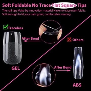UNA GELLA 504PCS Short Nail Tips Square Shape Nail Extension Square Pre Etched Gel x Fake Nails Tips No C Curve For Women DIY French Style Salon At Home Full Cover Soft Acrylic False Tips 12 Sizes