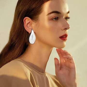 Extra Large Drop Earring Dupes, Oversized Chunky Gold Hoop Earrings for Women Lightweight Hypoallergenic Tear Drop Earrings 24k Gold Plated Big Earrings Fashion Jewelry(Extra Large Silver)