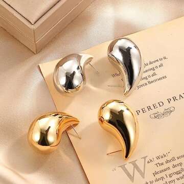 Extra Large Drop Earring Dupes, Oversized Chunky Gold Hoop Earrings for Women Lightweight Hypoallergenic Tear Drop Earrings 24k Gold Plated Big Earrings Fashion Jewelry(Extra Large Silver)