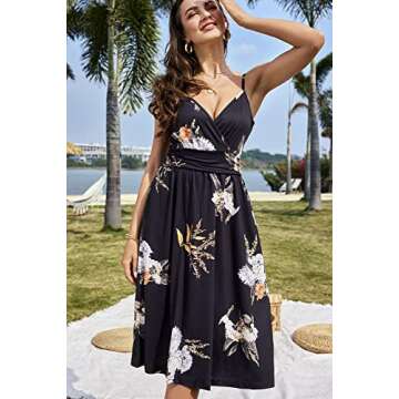 OUGES Women's Summer Spaghetti Strap V-Neck Floral Midi Casual Dress with Pockets(Floral03-452,XL)