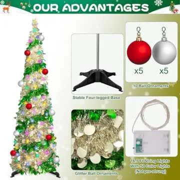 Artificial Christmas Trees with Lights - 5 Ft Tinsel Christmas Tree, Collapsible with Timer 50 Light...