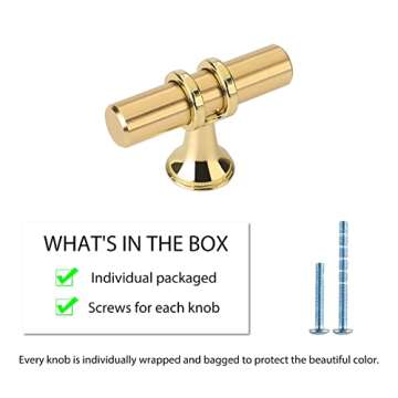 LONTAN 4 Pack Brushed Brass Cabinet Knobs Gold Dresser Knobs - LS6852GD T Bar Square Gold Cabinet Pull Knobs Single Hole Kitchen Cupboard Door Knobs Stainless Steel