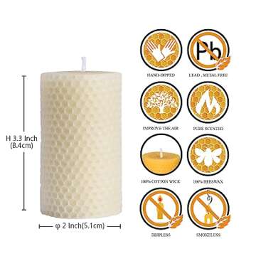 Beeswax Pillar Candles Set of 3 - Handmade Pure Beeswax Rolled Candles for Gift & Home Decor (2×3.4 in， White)