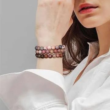 Risyfjew 3 PCS Healing Crystal Bracelets Women 8mm Natural Stone Beaded Stretch Bracelet Pink Zebra ...