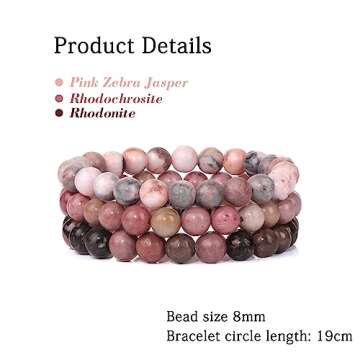 Risyfjew 3 PCS Healing Crystal Bracelets Women 8mm Natural Stone Beaded Stretch Bracelet Pink Zebra Jasper Jewelry Gifts