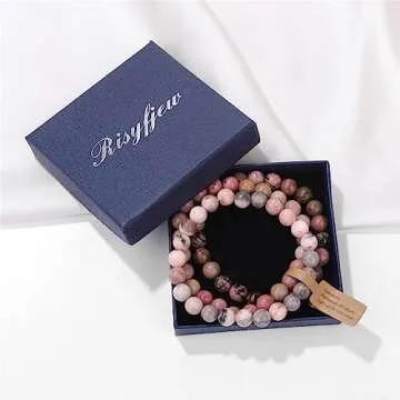 Risyfjew 3 PCS Healing Crystal Bracelets Women 8mm Natural Stone Beaded Stretch Bracelet Pink Zebra Jasper Jewelry Gifts